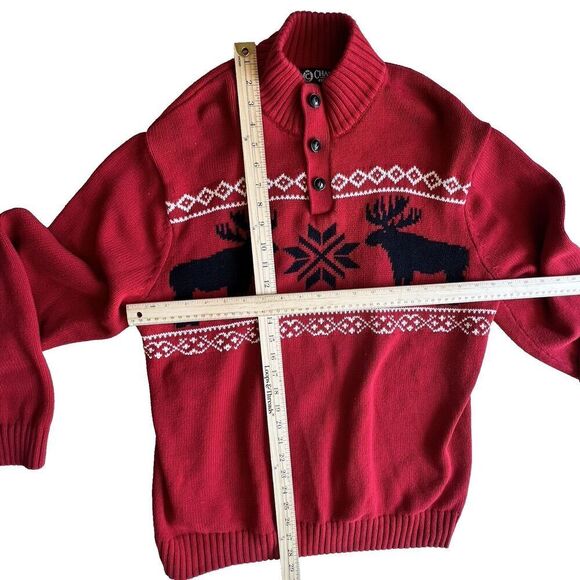 Chaps Men’s Christmas Fair Isle button ugly Sweater Red Black knit deer Sz L. - Picture 4 of 9